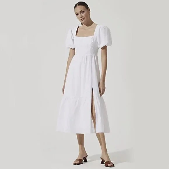 knee length dresses for ladies Sugar+Lips Poplin Puff Sleeve Tiered Midi Dress Size XS – ReThreads.shop main image 0